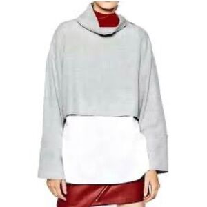 Zara Trefaluc Mock neck Zipper shoulder Cotton Gray & White Blouse top size S